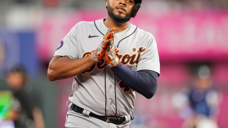 Sep 9, 2022; Kansas City, Missouri, USA; Detroit Tigers designated hitter Jeimer Candelario (46) gestures to the dugout after hitting a three-run home run during the second inning against the Kansas City Royals at Kauffman Stadium. Mandatory Credit: Jay Biggerstaff-USA TODAY Sports