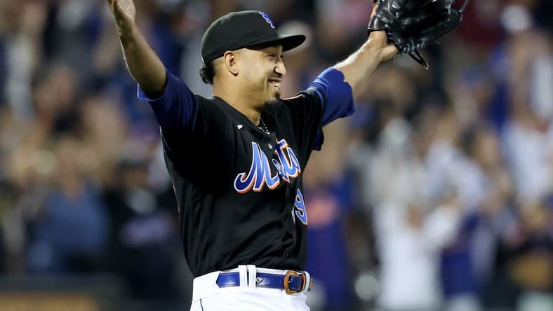 Sep 16, 2022; New York City, New York, USA; New York Mets relief pitcher Edwin Diaz (39) reacts after defeating the Pittsburgh Pirates at Citi Field. Mandatory Credit: Brad Penner-USA TODAY Sports