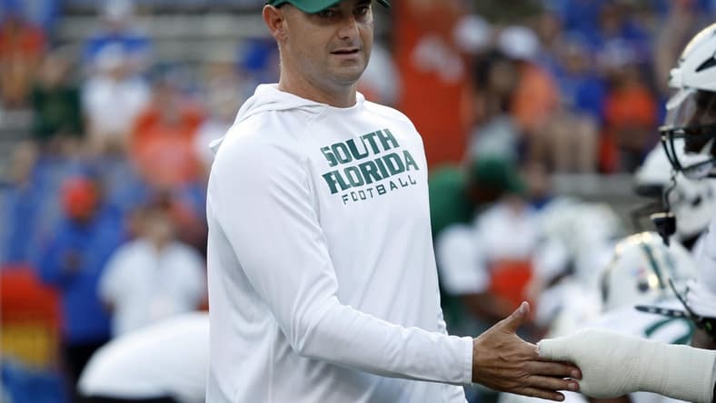 Sep 17, 2022; Gainesville, Florida, USA;South Florida Bulls head coach Jeff Scott prior to the game against the Florida Gators at Ben Hill Griffin Stadium. Mandatory Credit: Kim Klement-USA TODAY Sports