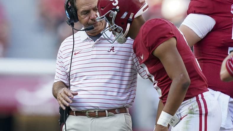 Sep 17, 2022; Tuscaloosa, Alabama, USA; Alabama Crimson Tide head coach Nick Saban talks to quarterback Bryce Young (9) during the second half against the UL Monroe Warhawks at Bryant-Denny Stadium. Mandatory Credit: Marvin Gentry-USA TODAY Sports