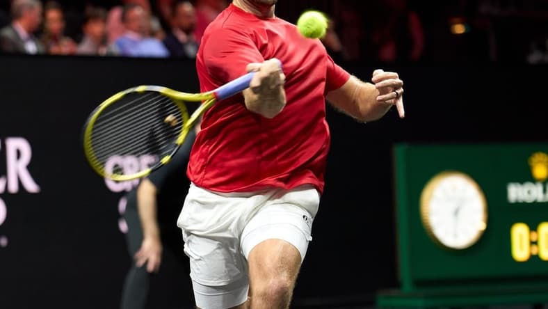 Sep 23, 2022; London, United Kingdom;  Jack Sock (USA) plays a shot against Casper Ruud (NOR) in his Laver Cup tennis match.  Mandatory Credit: Peter van den Berg-USA TODAY Sports
