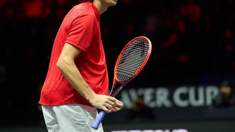 Sep 24, 2022; London, United Kingdom;Taylor Fritz (USA) celebrates winning a point against Cameron Norrie (GBR) in a Laver Cup singles match.  Mandatory Credit: Peter van den Berg-USA TODAY Sports