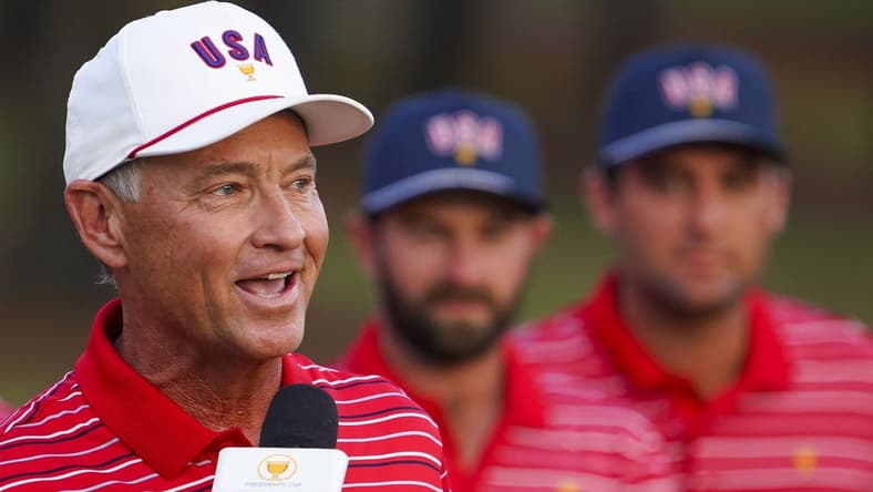 Sep 25, 2022; Charlotte, North Carolina, USA; Team USA captain Davis Love III speaks during the singles match play of the Presidents Cup golf tournament at Quail Hollow Club. Mandatory Credit: Peter Casey-USA TODAY Sports