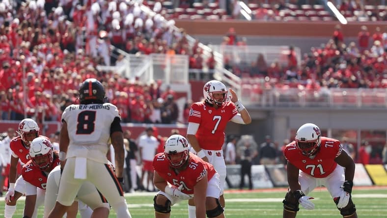 Oct 1, 2022; Salt Lake City, Utah, USA; Utah Utes quarterback Cameron Rising (7) changes a play at the line scrimmage in the first quarter against the Oregon State Beavers at Rice-Eccles Stadium. Mandatory Credit: Rob Gray-USA TODAY Sports