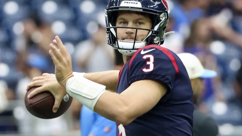 Oct 2, 2022; Houston, Texas, USA; Houston Texans quarterback Kyle Allen (3) warms up before the game against the Los Angeles Chargers at NRG Stadium. Mandatory Credit: Kevin Jairaj-USA TODAY Sports