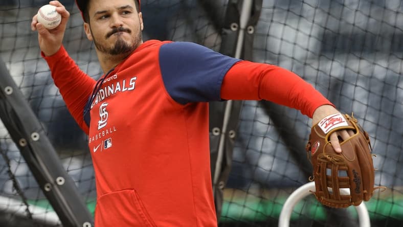 Oct 3, 2022; Pittsburgh, Pennsylvania, USA; St. Louis Cardinals third baseman Nolan Arenado (28) warms up before the game against the Pittsburgh Pirates at PNC Park. Mandatory Credit: Charles LeClaire-USA TODAY Sports