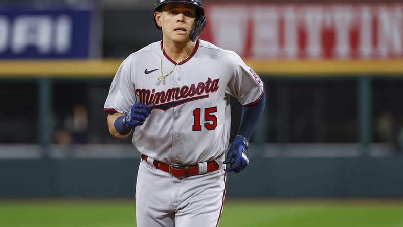 Oct 3, 2022; Chicago, Illinois, USA; Minnesota Twins third baseman Gio Urshela (15) rounds the bases after hitting a two-run home run against the Chicago White Sox during the first inning at Guaranteed Rate Field. Mandatory Credit: Kamil Krzaczynski-USA TODAY Sports