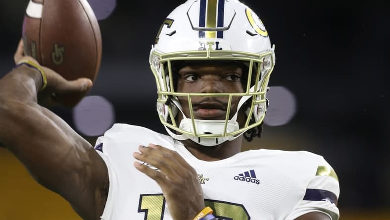 Oct 1, 2022; Pittsburgh, Pennsylvania, USA;  Georgia Tech Yellow Jackets quarterback Jeff Sims (10) warms up before the game against the Pittsburgh Panthers at Acrisure Stadium. Mandatory Credit: Charles LeClaire-USA TODAY Sports