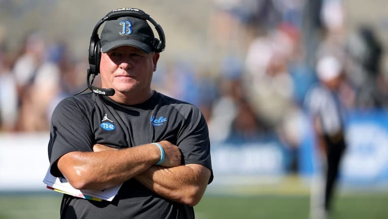 Oct 8, 2022; Pasadena, California, USA;  UCLA Bruins head coach Chip Kelly on the sideline during the fourth quarter against the Utah Utes at Rose Bowl. Mandatory Credit: Kiyoshi Mio-USA TODAY Sports