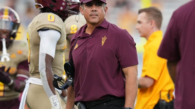 Oct 8, 2022; Tempe, Arizona, USA; Arizona State interim head coach Shaun Aguano walks the sidelines as his team plays the Washington Huskies at Sun Devil Stadium on Saturday.
Football Asu Wash Fb Washington At Asu