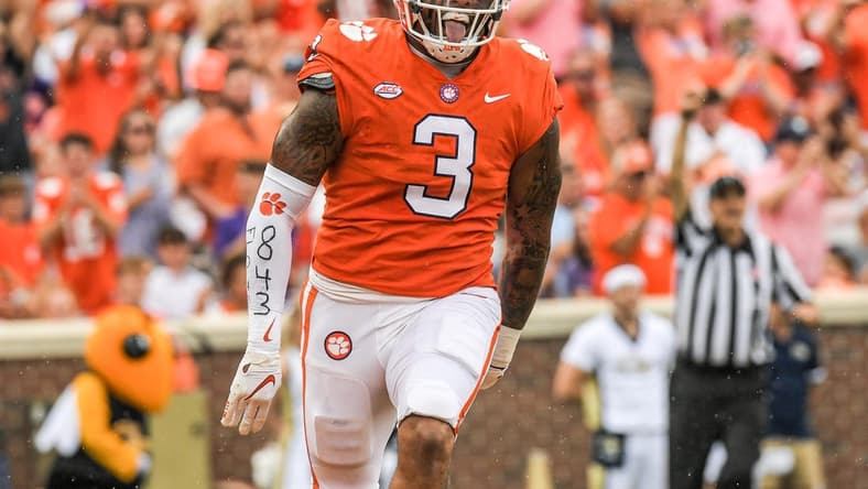 Clemson defensive end Xavier Thomas (3) reacts after sacking Georgia Tech freshman Jordan Yates (13) during the first quarter in Clemson, S.C., September 18, 2021.
Ncaa Football Georgia Tech At Clemson