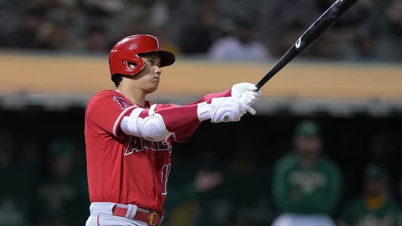 Oct 3, 2022; Oakland, California, USA; Los Angeles Angels designated hitter Shohei Ohtani (17) bats against the Oakland Athletics during the fourth inning at RingCentral Coliseum. Mandatory Credit: Darren Yamashita-USA TODAY Sports