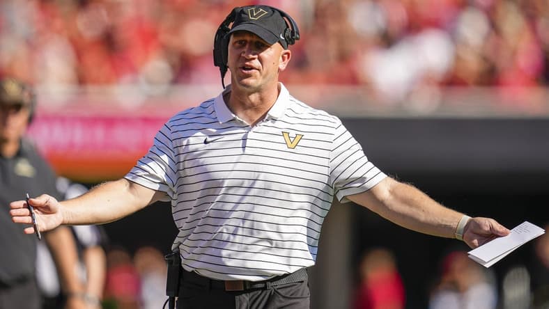 Oct 15, 2022; Athens, Georgia, USA; Vanderbilt Commodores head coach Clark Lea reacts on the sideline against the Georgia Bulldogs at Sanford Stadium. Mandatory Credit: Dale Zanine-USA TODAY Sports