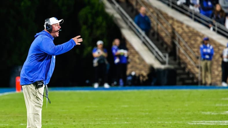 Oct 15, 2022; Durham, North Carolina, USA; Duke Blue Devils head coach Mike Elko during the second half at Wallace Wade Stadium. Mandatory Credit: Jaylynn Nash-USA TODAY Sports