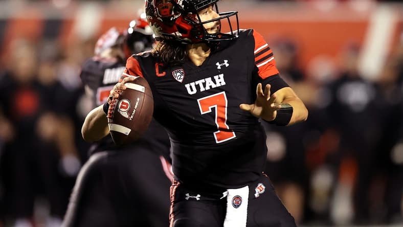 Oct 15, 2022; Salt Lake City, Utah, USA; Utah Utes quarterback Cameron Rising (7) throws against the USC Trojans in the second half at Rice-Eccles Stadium. Mandatory Credit: Rob Gray-USA TODAY Sports