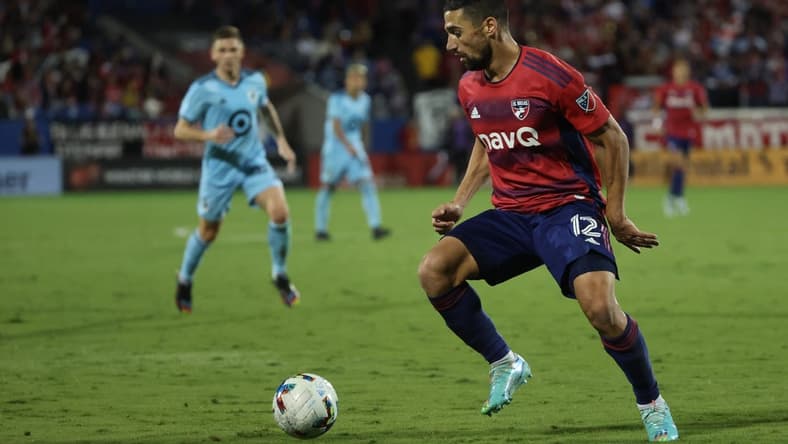 Oct 17, 2022; Frisco, Texas, US; FC Dallas midfielder Sebastian Lletget (12) plays the ball in the first half against the Minnesota United at Toyota Stadium. Mandatory Credit: Kevin Jairaj-USA TODAY Sports