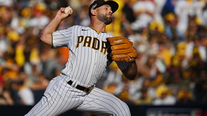 Oct 19, 2022; San Diego, California, USA; San Diego Padres relief pitcher Nick Martinez (21) pitches in the sixth inning against the Philadelphia Phillies during game two of the NLCS for the 2022 MLB Playoffs at Petco Park. Mandatory Credit: Jayne Kamin-Oncea-USA TODAY Sports