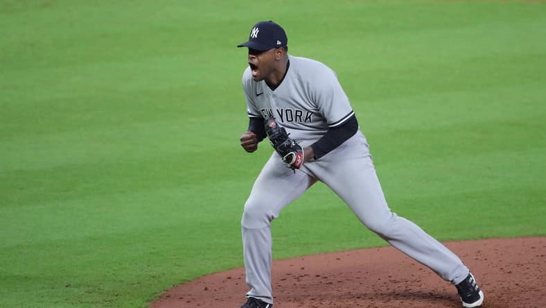 Oct 20, 2022; Houston, Texas, USA; New York Yankees starting pitcher Luis Severino (40) reacts after a strikeout to end the fifth inning against the Houston Astros in game two of the ALCS for the 2022 MLB Playoffs at Minute Maid Park. Mandatory Credit: Erik Williams-USA TODAY Sports