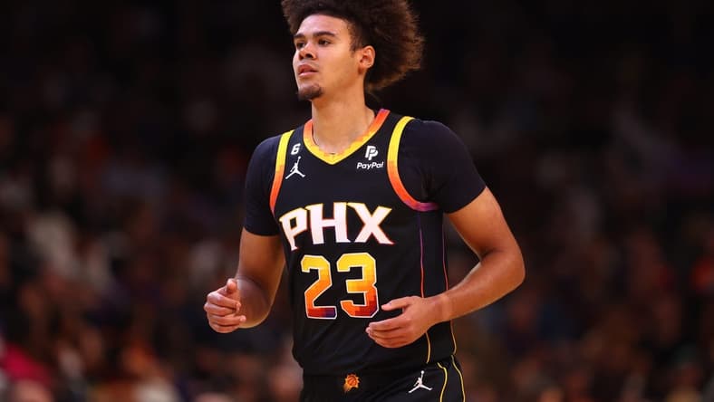 Oct 19, 2022; Phoenix, Arizona, USA; Phoenix Suns forward Cameron Johnson (23) against the Dallas Mavericks at Footprint Center. Mandatory Credit: Mark J. Rebilas-USA TODAY Sports