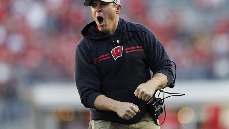 Oct 22, 2022; Madison, Wisconsin, USA; Wisconsin Badgers head coach Jim Leonhard reacts to a call during the fourth quarter against the Purdue Boilermakers at Camp Randall Stadium. Mandatory Credit: Jeff Hanisch-USA TODAY Sports
