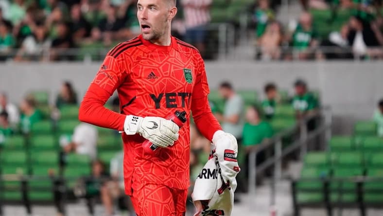 Oct 23, 2022; Austin, Texas, US; Austin FC goalkeeper Brad Stuver (1) looks on during the second half of a conference semifinal against FC Dallas of the Audi 2022 MLS Cup Playoffs at Q2 Stadium. Mandatory Credit: Scott Wachter-USA TODAY Sports