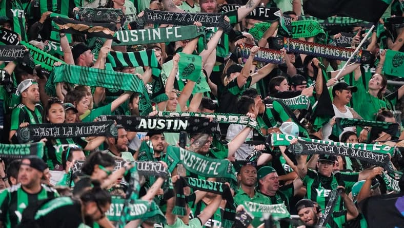 Oct 23, 2022; Austin, Texas, US; Fans after the conference semifinal between Austin FC and FC Dallas of the Audi 2022 MLS Cup Playoffs at Q2 Stadium. The Final score was 2-1. Mandatory Credit: Scott Wachter-USA TODAY Sports