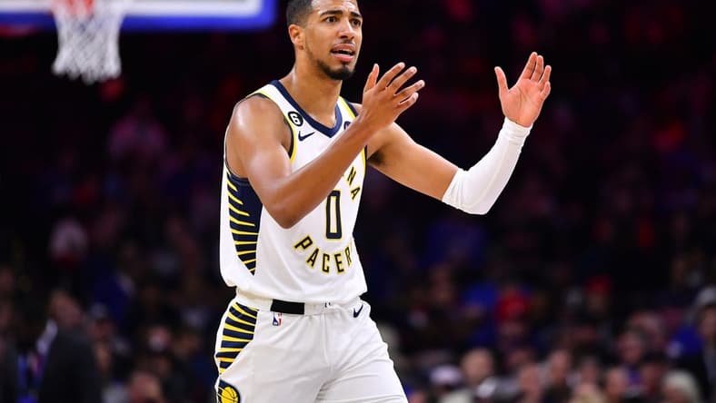 Oct 24, 2022; Philadelphia, Pennsylvania, USA; Indiana Pacers guard Tyrese Haliburton (0) reacts against the Philadelphia 76ers in the first quarter at Wells Fargo Center. Mandatory Credit: Kyle Ross-USA TODAY Sports