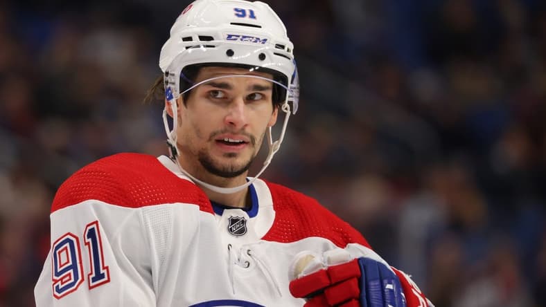 Oct 27, 2022; Buffalo, New York, USA; Montreal Canadiens center Sean Monahan (91) during a stoppage in play against the Buffalo Sabres during the third period at KeyBank Center. Mandatory Credit: Timothy T. Ludwig-USA TODAY Sports