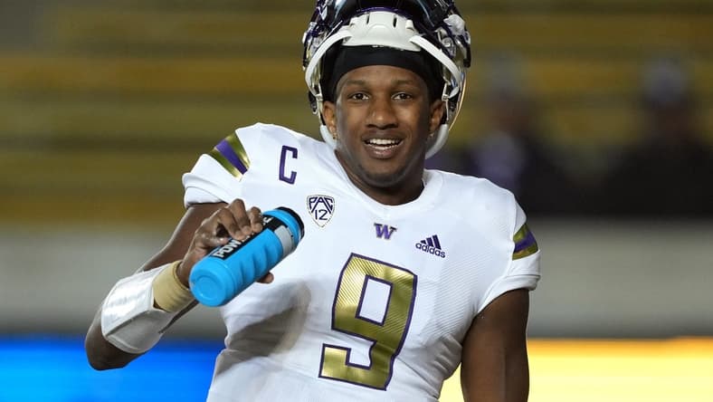 Oct 22, 2022; Berkeley, California, USA; Washington Huskies quarterback Michael Penix Jr. (9) stands on the field before the game against the California Golden Bears at FTX Field at California Memorial Stadium. Mandatory Credit: Darren Yamashita-USA TODAY Sports
