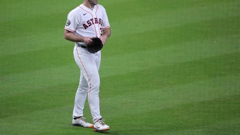 Oct 28, 2022; Houston, Texas, USA; Houston Astros starting pitcher Justin Verlander (35) walks to the dugout during the middle of first inning against the Philadelphia Phillies in game one of the 2022 World Series at Minute Maid Park. Mandatory Credit: Erik Williams-USA TODAY Sports