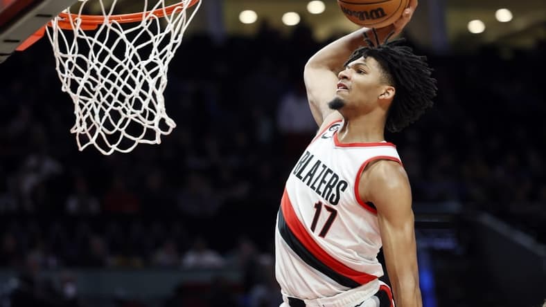 Oct 28, 2022; Portland, Oregon, USA; Portland Trail Blazers shooting guard Shaedon Sharpe (17) goes up for a dunk against the Houston Rockets during the first half at Moda Center. Mandatory Credit: Soobum Im-USA TODAY Sports