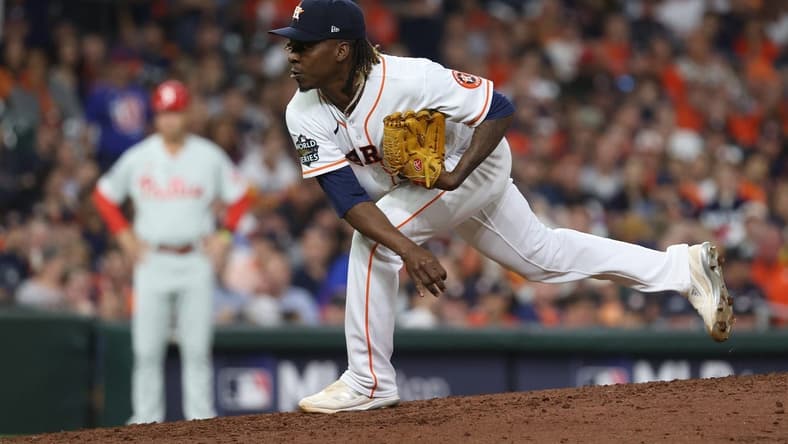 Oct 28, 2022; Houston, Texas, USA; Houston Astros relief pitcher Rafael Montero (47) throws a pitch against the Philadelphia Phillies during the eighth inning in game one of the 2022 World Series at Minute Maid Park. Mandatory Credit: Troy Taormina-USA TODAY Sports