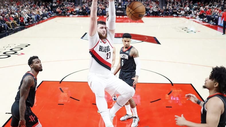Oct 28, 2022; Portland, Oregon, USA; Portland Trail Blazers center Jusuf Nurkic (27) dunks the ball during the second half against the Houston Rockets at Moda Center. Mandatory Credit: Soobum Im-USA TODAY Sports