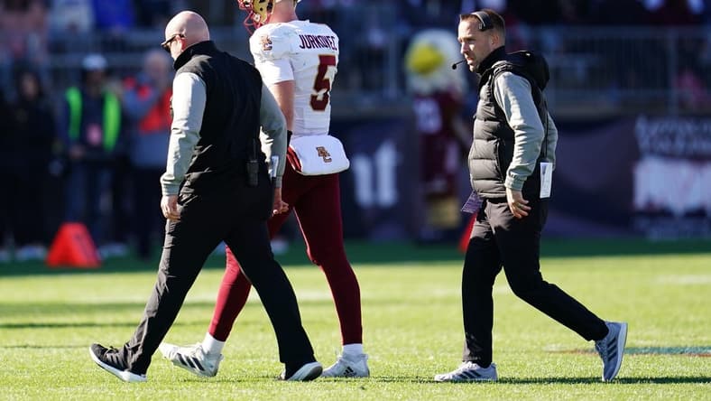 Oct 29, 2022; East Hartford, Connecticut, USA; Boston College Eagles quarterback Phil Jurkovec (5) walks off the field after a play against the Connecticut Huskies in the second half at Rentschler Field at Pratt & Whitney Stadium. Mandatory Credit: David Butler II-USA TODAY Sports