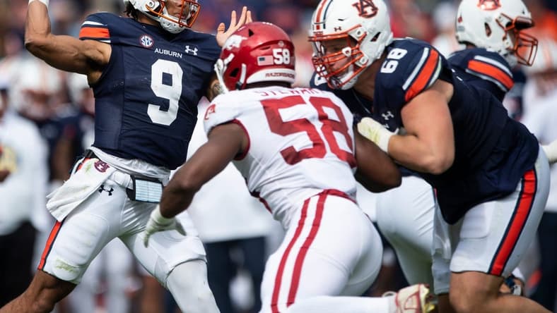 Auburn Tigers quarterback Robby Ashford (9) throws the ball as the Auburn Tigers take on Arkansas Razorbacks at Jordan-Hare Stadium in Auburn, Ala., on Saturday, Oct. 29, 2022. Arkansas Razorbacks defeated Auburn Tigers 41-27.