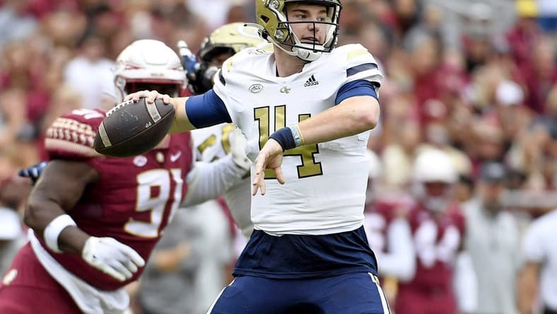 Oct 29, 2022; Tallahassee, Florida, USA; Georgia Tech Yellow Jackets quarterback Zach Pyron (14) looks to throw during the second half against the Florida State Seminoles at Doak S. Campbell Stadium. Mandatory Credit: Melina Myers-USA TODAY Sports
