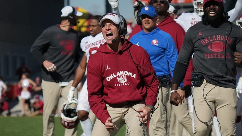 Oct. 29, 2022; Ames, Iowa, USA; Oklahoma head football coach Brent Venables reacts after his defense stopped an Iowa State drive in the fourth quarter at Jack Trice Stadium. Mandatory Credit: Bryon Houlgrave/Des Moines Register-USA TODAY Sports