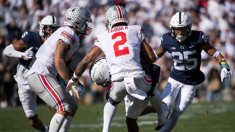 Penn State's Kalen King drops Ohio State running back Emeka Egbuka (2) in the backfield for a 2-yard loss in the second quarter at Beaver Stadium on Saturday, Oct. 29, 2022, in State College.

Hes Dr 102922 Psuosu
