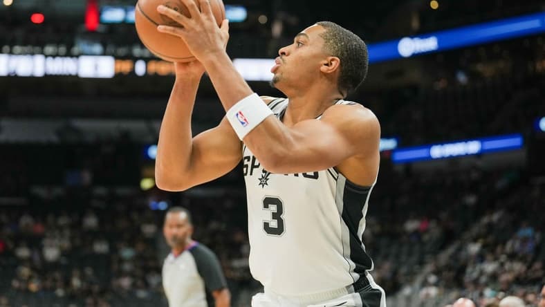 Oct 30, 2022; San Antonio, Texas, USA; San Antonio Spurs forward Keldon Johnson (3) gets set to shoot in the first half against the Minnesota Timberwolves at the AT&T Center. Mandatory Credit: Daniel Dunn-USA TODAY Sports