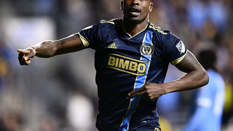 Oct 30, 2022; Philadelphia, Pennsylvania, USA; Philadelphia Union forward Cory Burke (19) reacts after scoring a goal against the New York City FC in the second half for the conference finals for the Audi 2022 MLS Cup Playoffs. Mandatory Credit: Mandatory Credit: Kyle Ross-USA TODAY Sports
