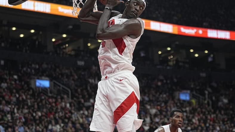 Oct 31, 2022; Toronto, Ontario, CAN; Toronto Raptors forward Pascal Siakam (43) grabs a rebound against the Atlanta Hawks during the first half at Scotiabank Arena. Mandatory Credit: John E. Sokolowski-USA TODAY Sports