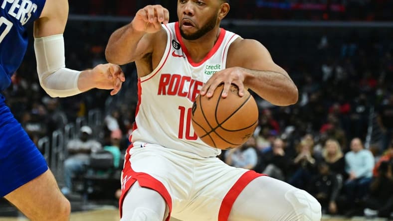 Oct 31, 2022; Los Angeles, California, USA; Houston Rockets guard Eric Gordon (10) control the ball in the second half against the LA Clippers at Crypto.com Arena. Mandatory Credit: Richard Mackson-USA TODAY Sports