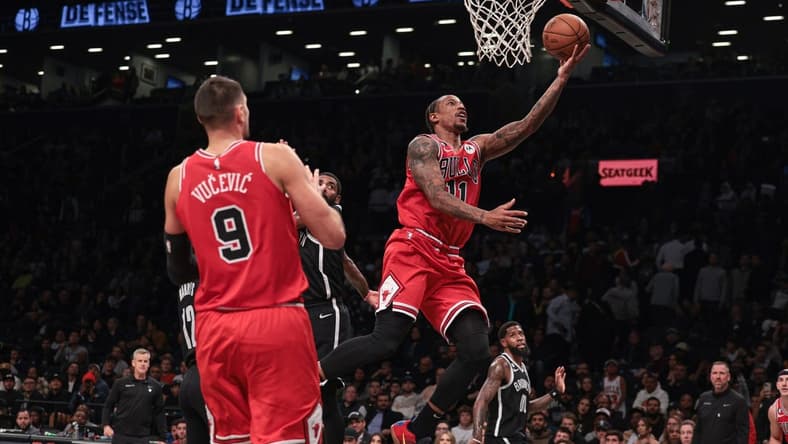 Nov 1, 2022; Brooklyn, New York, USA; Chicago Bulls forward DeMar DeRozan (11) drives to the basket against the Brooklyn Nets during the second half at Barclays Center. Mandatory Credit: Vincent Carchietta-USA TODAY Sports