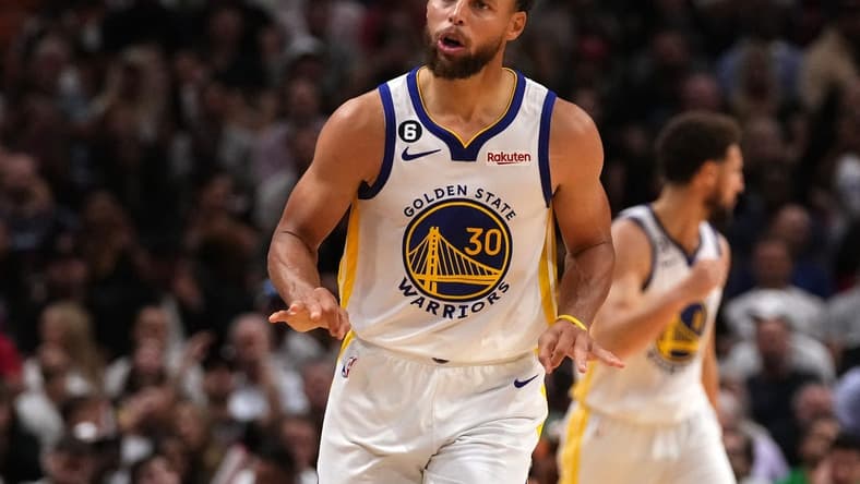 Nov 1, 2022; Miami, Florida, USA; Golden State Warriors guard Stephen Curry (30) gestures after making a three point basket against the Miami Heat during the second half at FTX Arena. Mandatory Credit: Jasen Vinlove-USA TODAY Sports