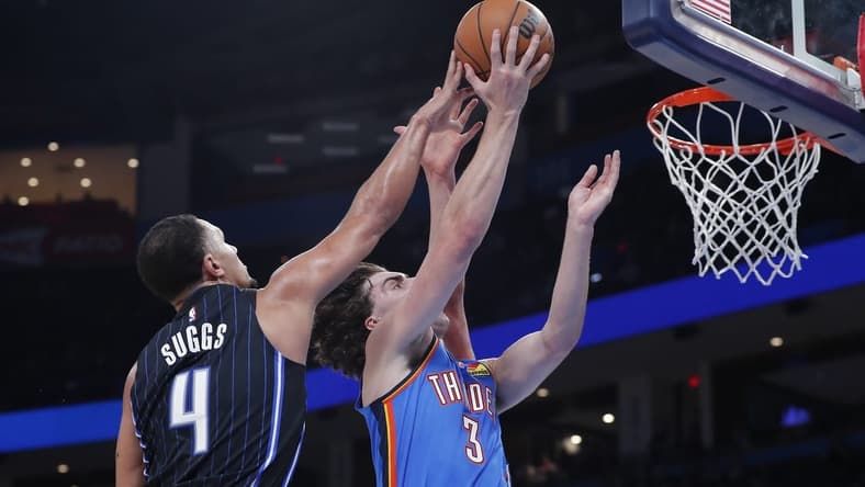 Nov 1, 2022; Oklahoma City, Oklahoma, USA; Oklahoma City Thunder guard Josh Giddey (3) goes to the basket as Orlando Magic guard Jalen Suggs (4) defends during the second half at Paycom Center. Oklahoma City won 116-108. Mandatory Credit: Alonzo Adams-USA TODAY Sports