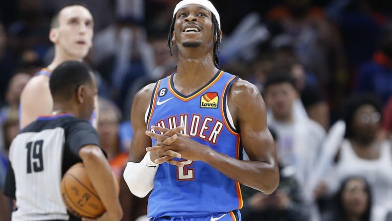 Nov 1, 2022; Oklahoma City, Oklahoma, USA; Oklahoma City Thunder guard Shai Gilgeous-Alexander (2) looks at the scoreboard during a time out against the Orlando Magic during the second half at Paycom Center. Oklahoma City won 116-108. Mandatory Credit: Alonzo Adams-USA TODAY Sports
