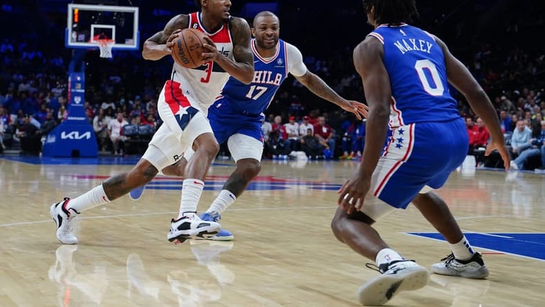 Nov 2, 2022; Philadelphia, Pennsylvania, USA; Washington Wizards shooting guard Bradley Beal (3) drives the ball toward the basket with Philadelphia 76ers power forward P.J. Tucker (17) defending during the first quarter at Wells Fargo Center. Mandatory Credit: Gregory Fisher-USA TODAY Sports