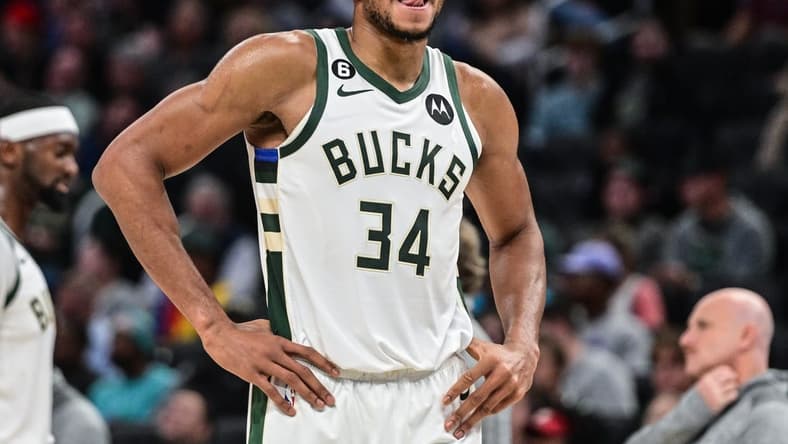 Nov 2, 2022; Milwaukee, Wisconsin, USA;  Milwaukee Bucks forward Giannis Antetokounmpo (34) looks on during a timeout in the second quarter during game against the Detroit Pistons at Fiserv Forum. Mandatory Credit: Benny Sieu-USA TODAY Sports