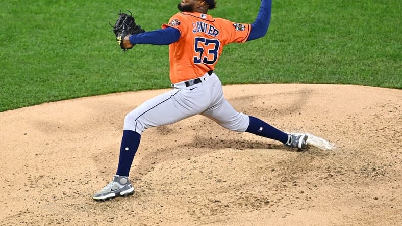 Nov 2, 2022; Philadelphia, Pennsylvania, USA; Houston Astros starting pitcher Cristian Javier (53) pitches against the Philadelphia Phillies during the third inning in game four of the 2022 World Series at Citizens Bank Park. Mandatory Credit: Kyle Ross-USA TODAY Sports