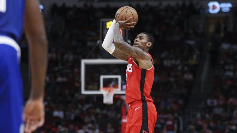 Nov 2, 2022; Houston, Texas, USA; Houston Rockets guard Kevin Porter Jr. (3) shoots the ball during the third quarter against the Los Angeles Clippers at Toyota Center. Mandatory Credit: Troy Taormina-USA TODAY Sports